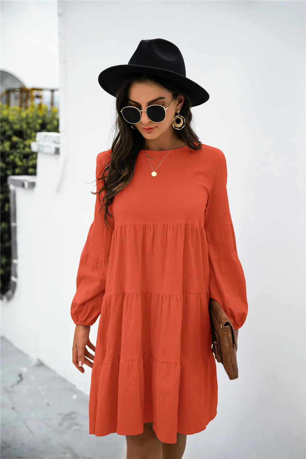KHD Balloon Sleeve Keyhole Tiered Dress (3 Colors)