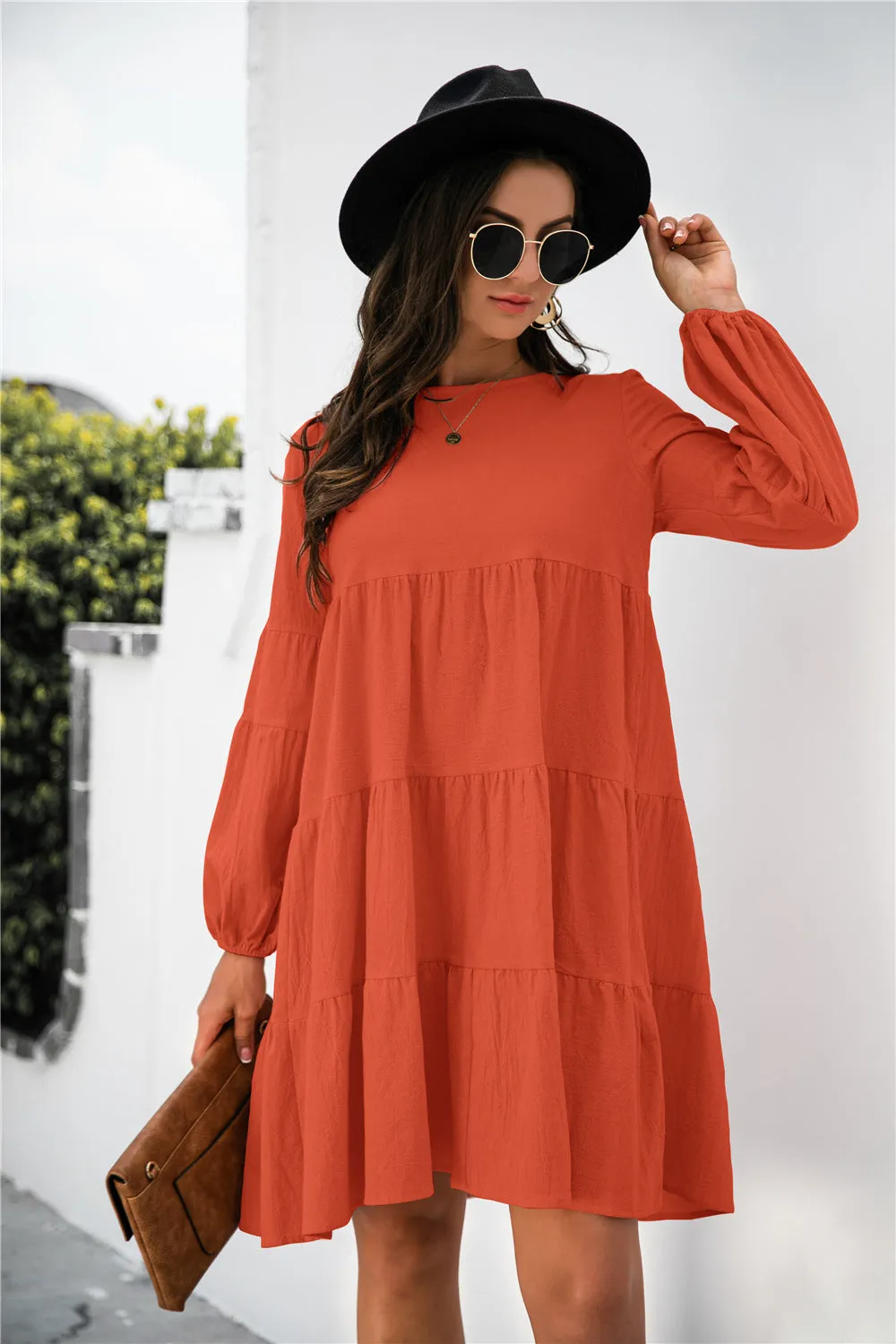 KHD Balloon Sleeve Keyhole Tiered Dress (3 Colors)