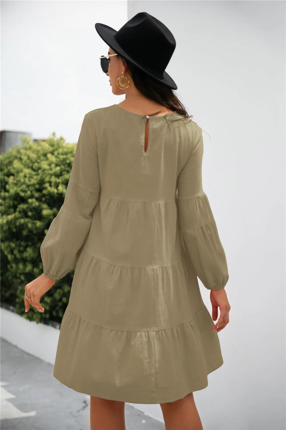 KHD Balloon Sleeve Keyhole Tiered Dress (3 Colors)