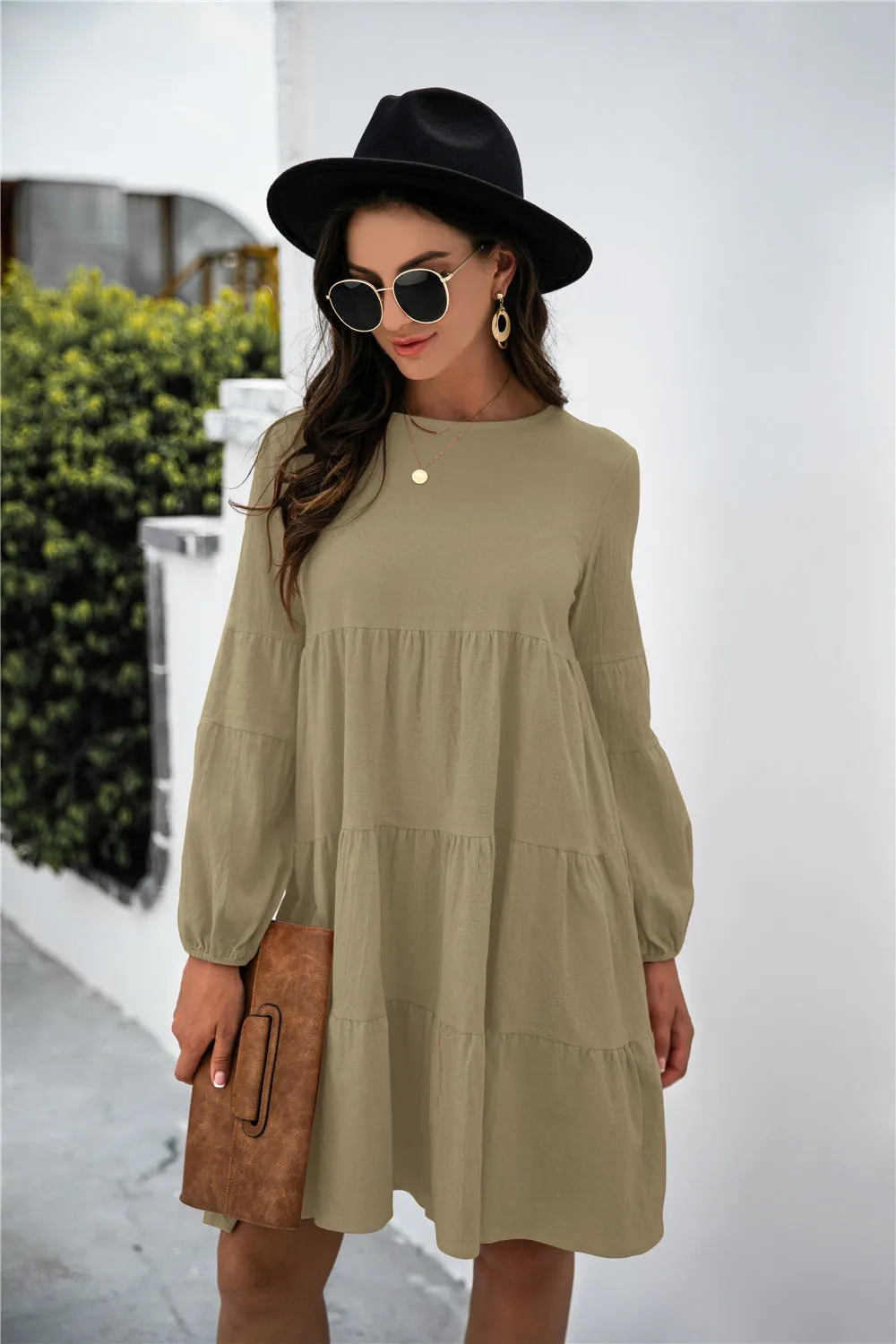 KHD Balloon Sleeve Keyhole Tiered Dress (3 Colors)