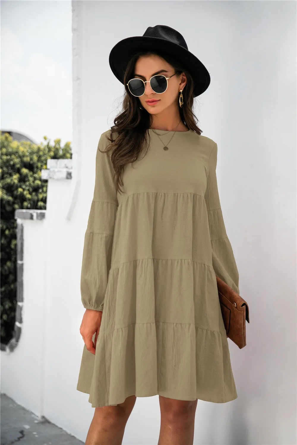 KHD Balloon Sleeve Keyhole Tiered Dress (3 Colors)
