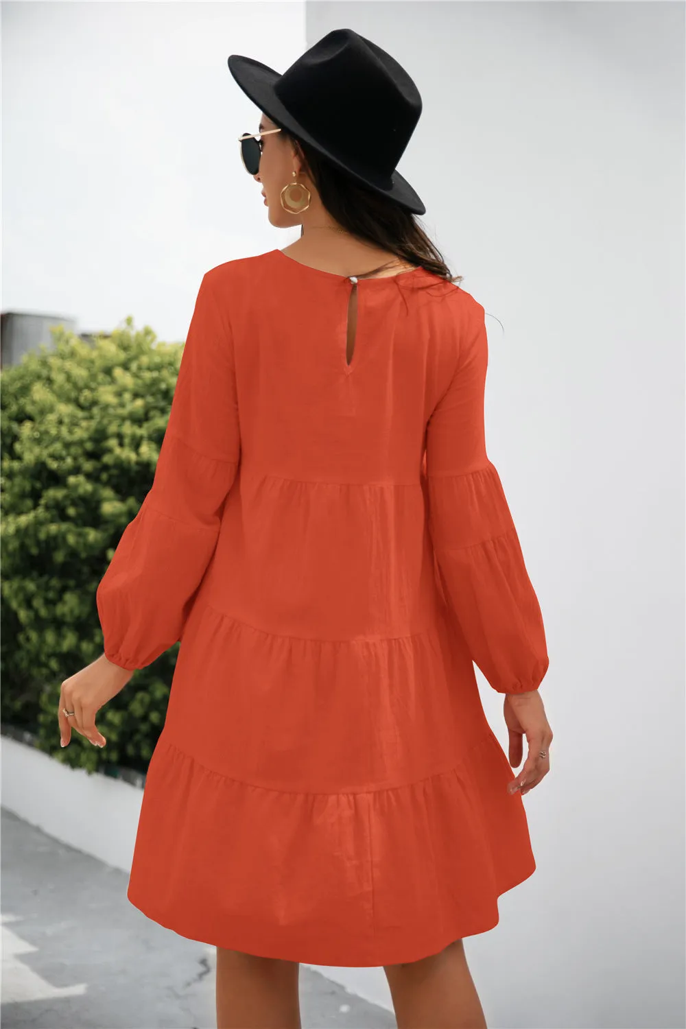 KHD Balloon Sleeve Keyhole Tiered Dress (3 Colors)