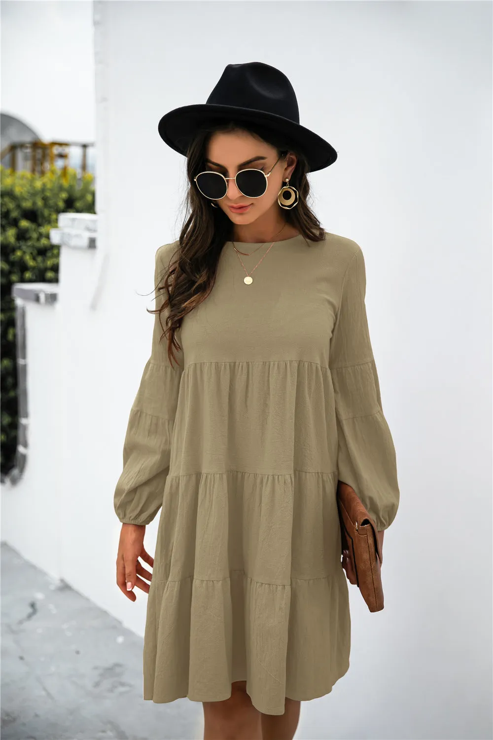 KHD Balloon Sleeve Keyhole Tiered Dress (3 Colors)