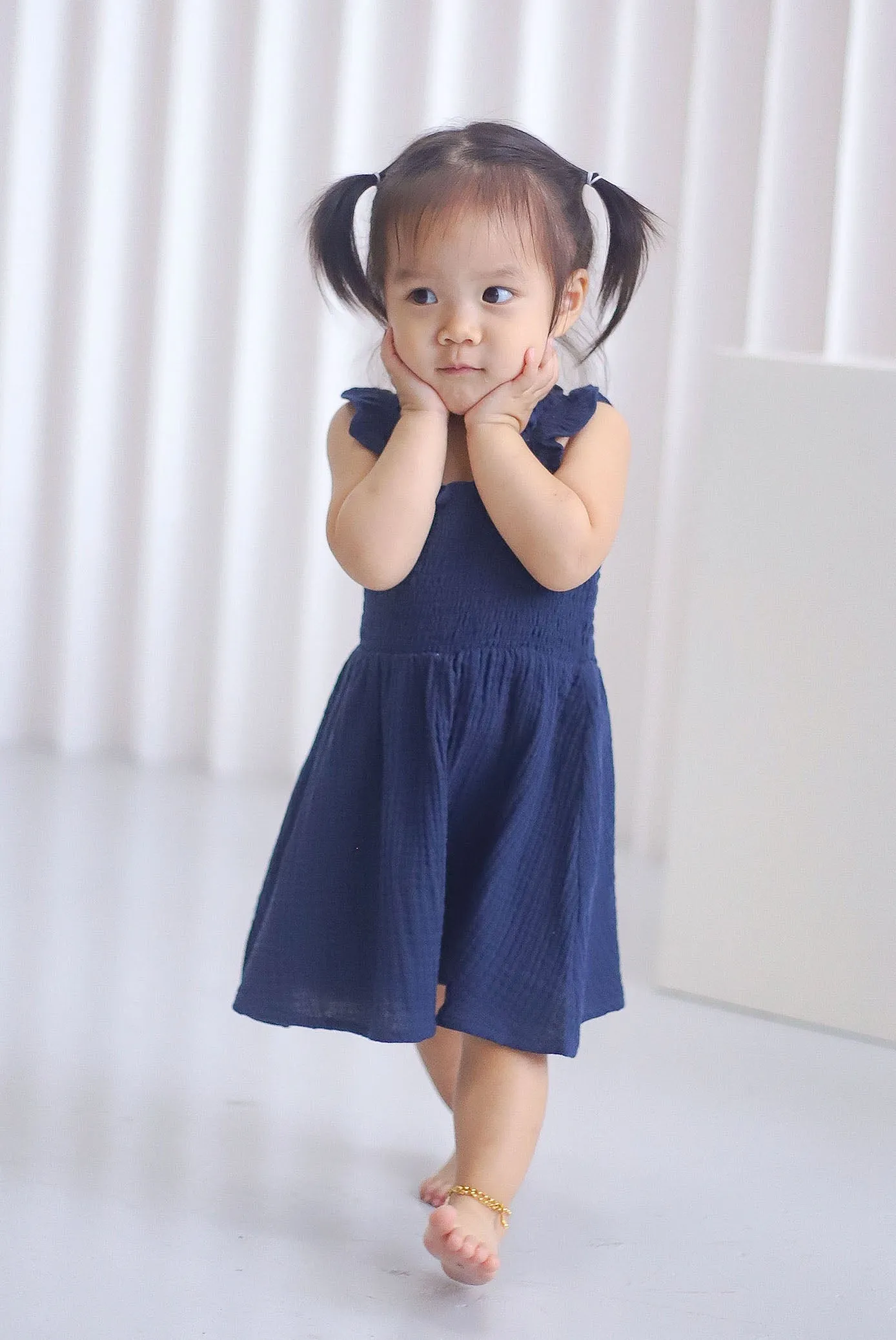 *KIDS* Bliss Ruffle Strap Smock Dress In Navy Blue