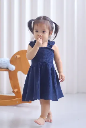 *KIDS* Bliss Ruffle Strap Smock Dress In Navy Blue