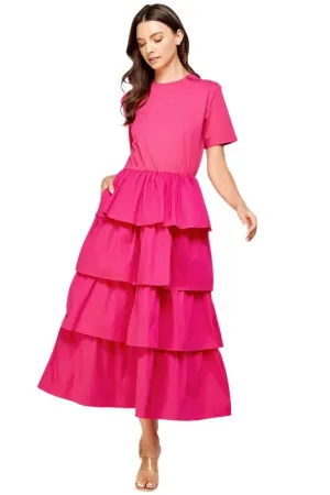 Knit Dress with Poplin Tiered Skirt