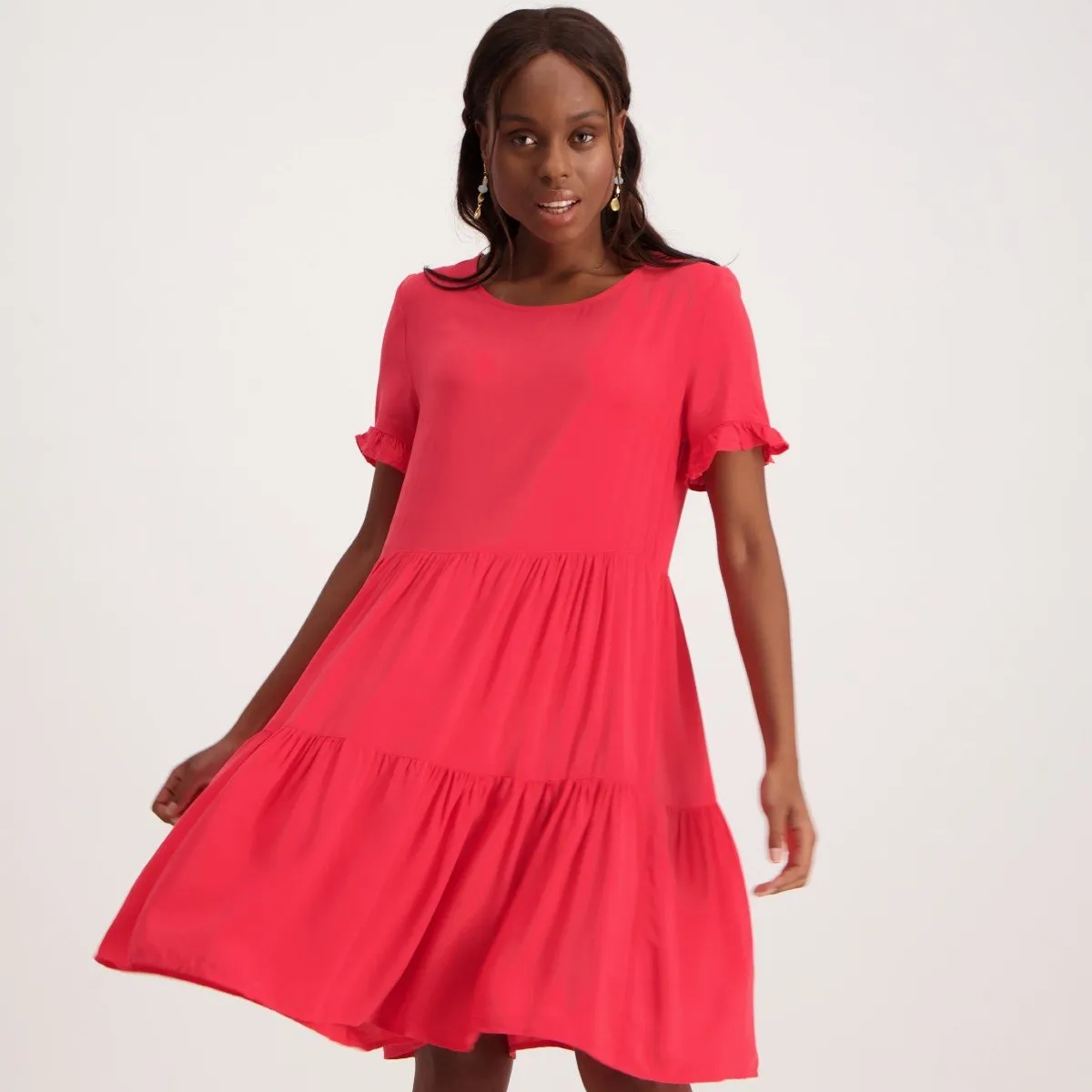 Ladies Frill Sleeve Tiered Dress - Raspberry