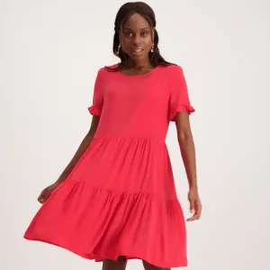 Ladies Frill Sleeve Tiered Dress - Raspberry