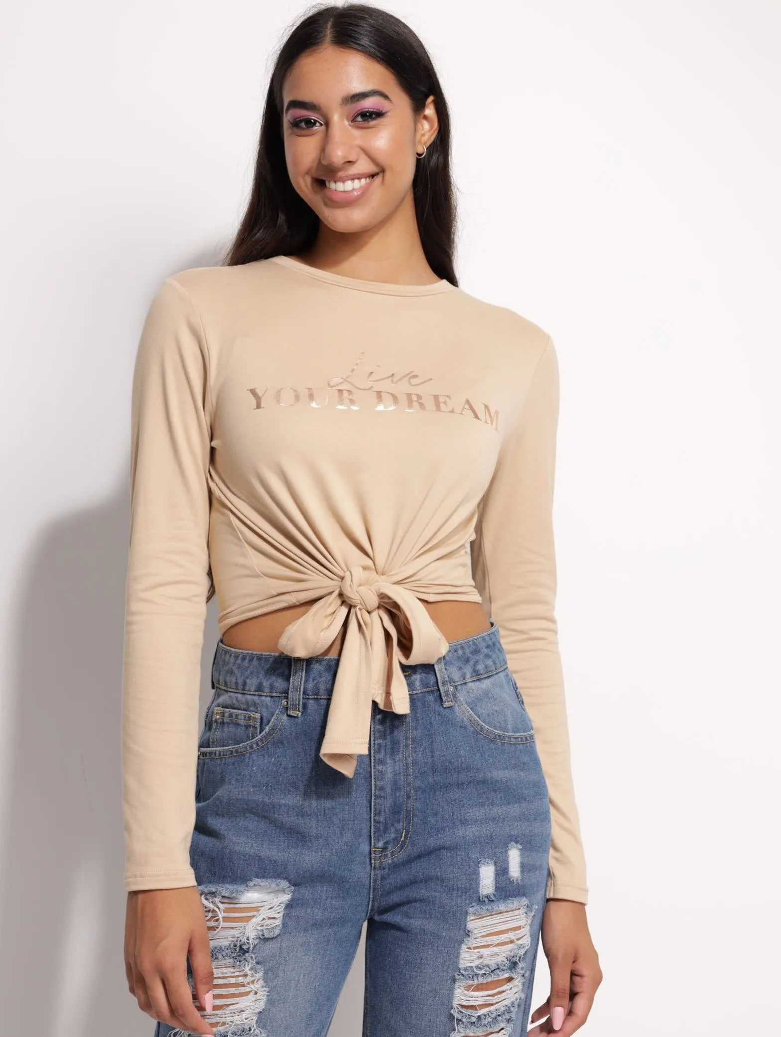 Ladies Long Sleeve Front Tie Tee - Taupe