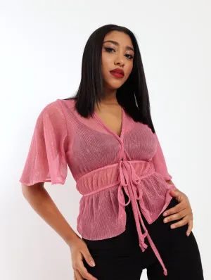 Ladies Lurex Crinkle Knit Tie-Front Blouse - Pink