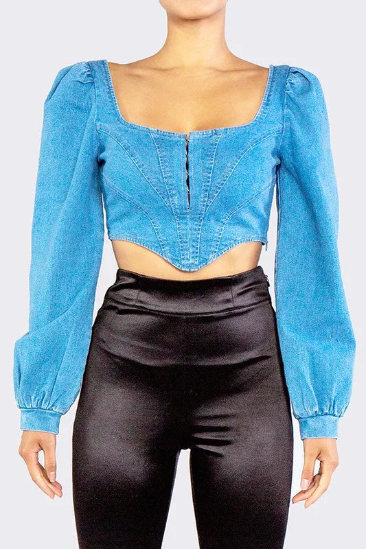 Light Denim Corset Long Sleeve Top