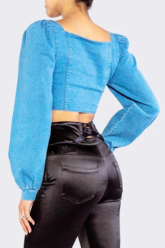 Light Denim Corset Long Sleeve Top