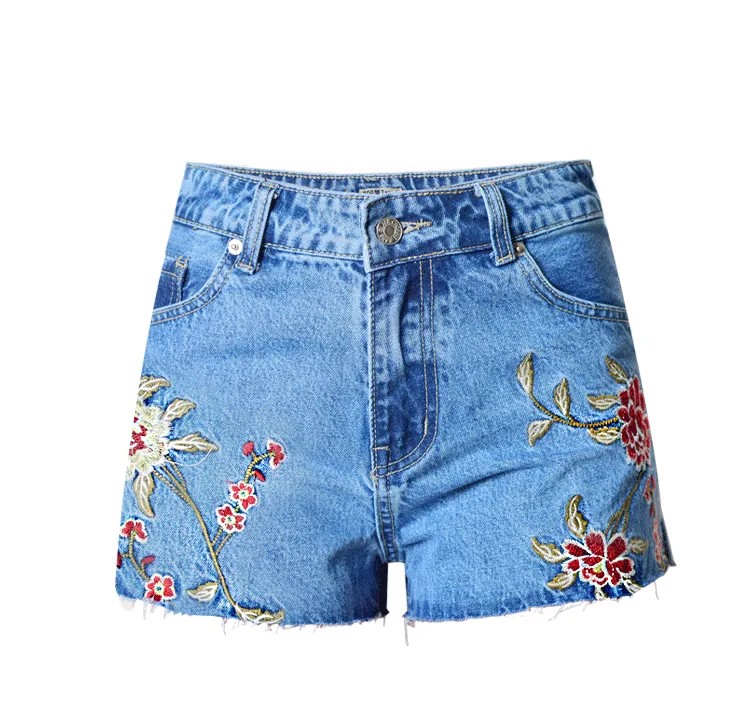 Little Daisy Embroidery Washed Side Slit Denim Shorts