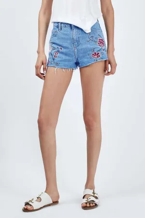 Little Daisy Embroidery Washed Side Slit Denim Shorts