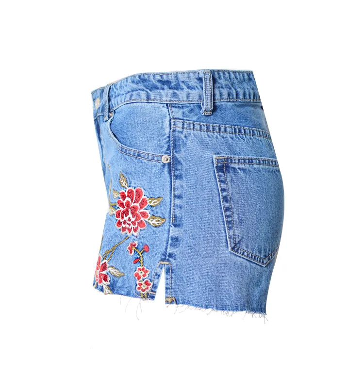 Little Daisy Embroidery Washed Side Slit Denim Shorts