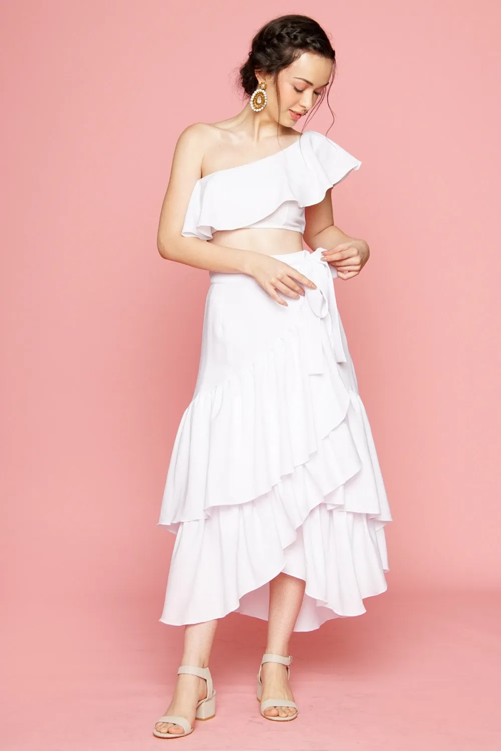 LOLITA Asymmetric Ruffle Crop Top (White)