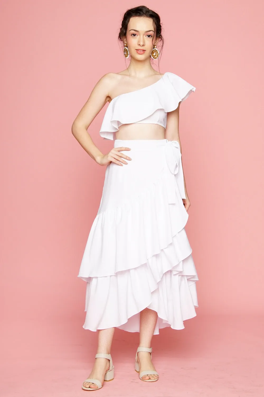 LOLITA Asymmetric Ruffle Crop Top (White)