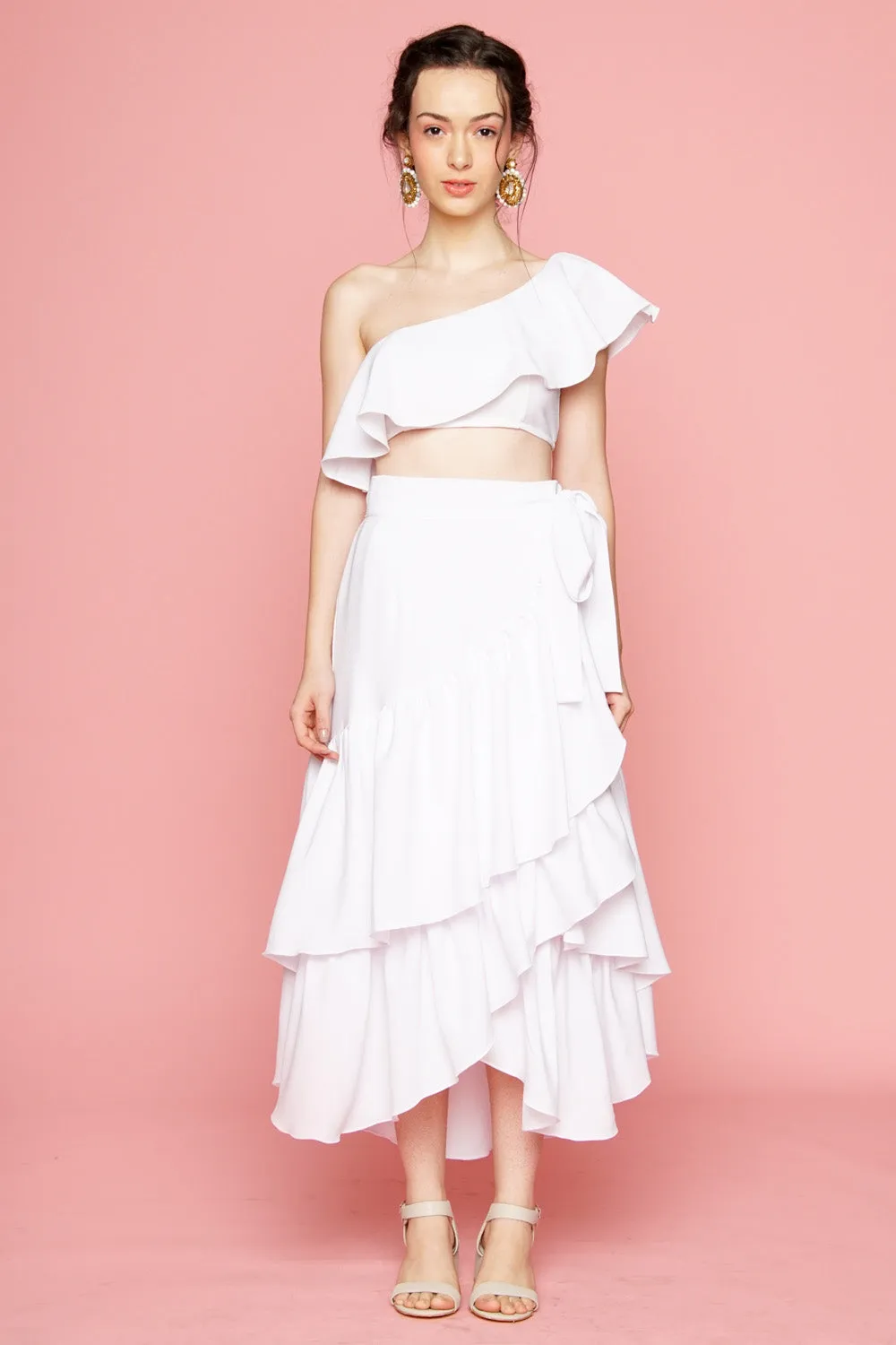 LOLITA Asymmetric Ruffle Crop Top (White)