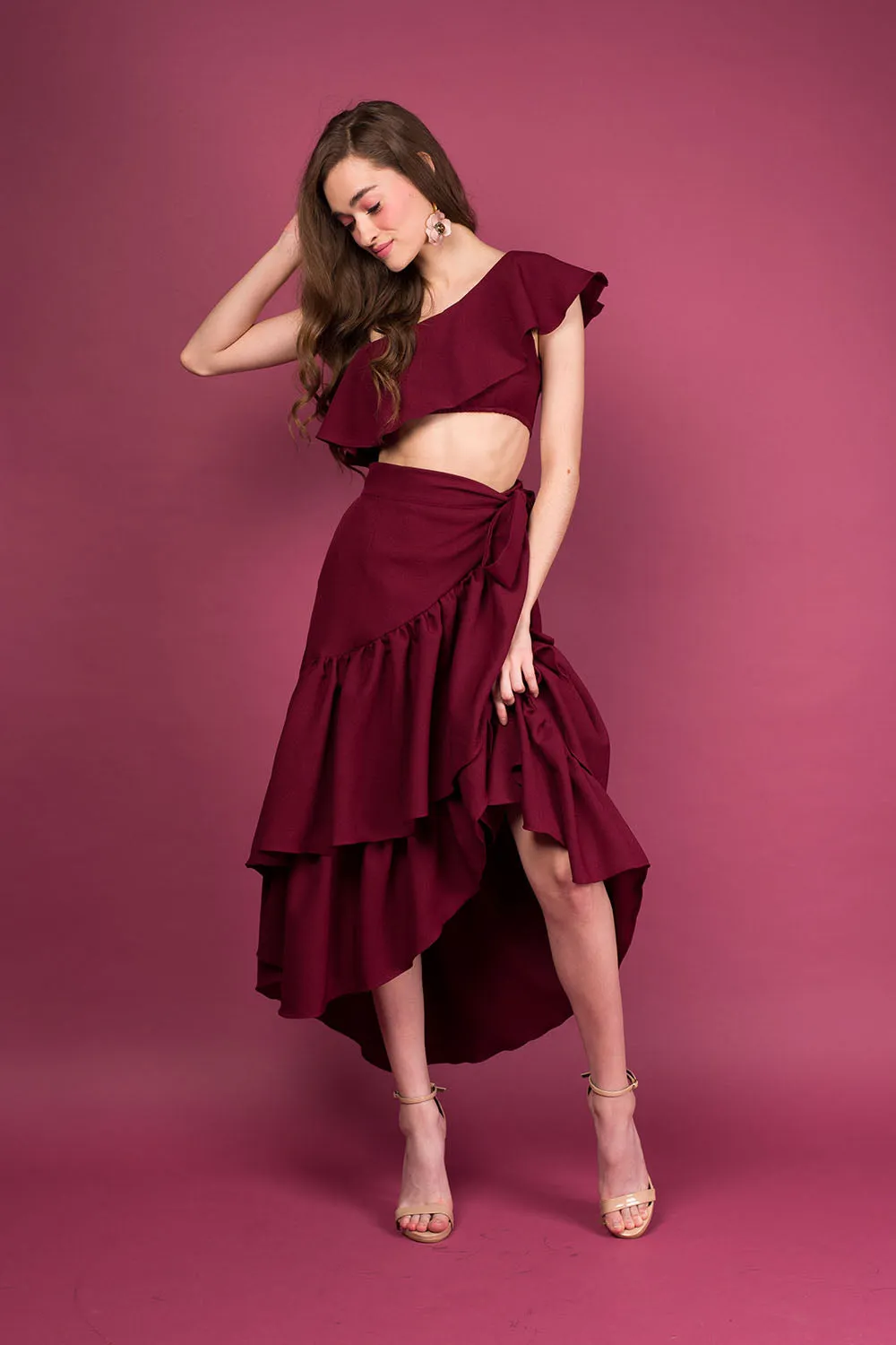 LOLITA SET DRESS: Ruffle Wrap Skirt  Asymmetric Ruffle Crop Top (Plum)