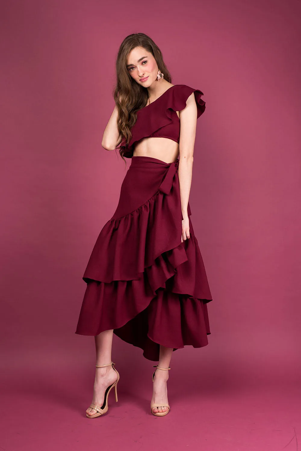 LOLITA SET DRESS: Ruffle Wrap Skirt  Asymmetric Ruffle Crop Top (Plum)