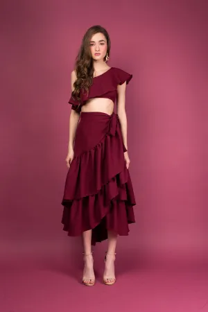 LOLITA SET DRESS: Ruffle Wrap Skirt  Asymmetric Ruffle Crop Top (Plum)