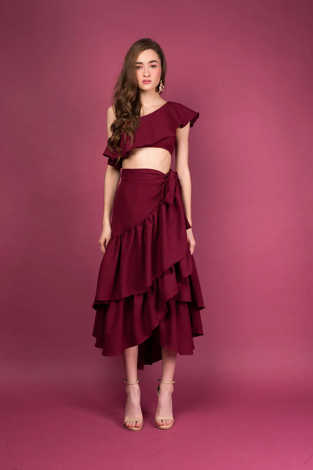 LOLITA SET DRESS: Ruffle Wrap Skirt  Asymmetric Ruffle Crop Top (Plum)