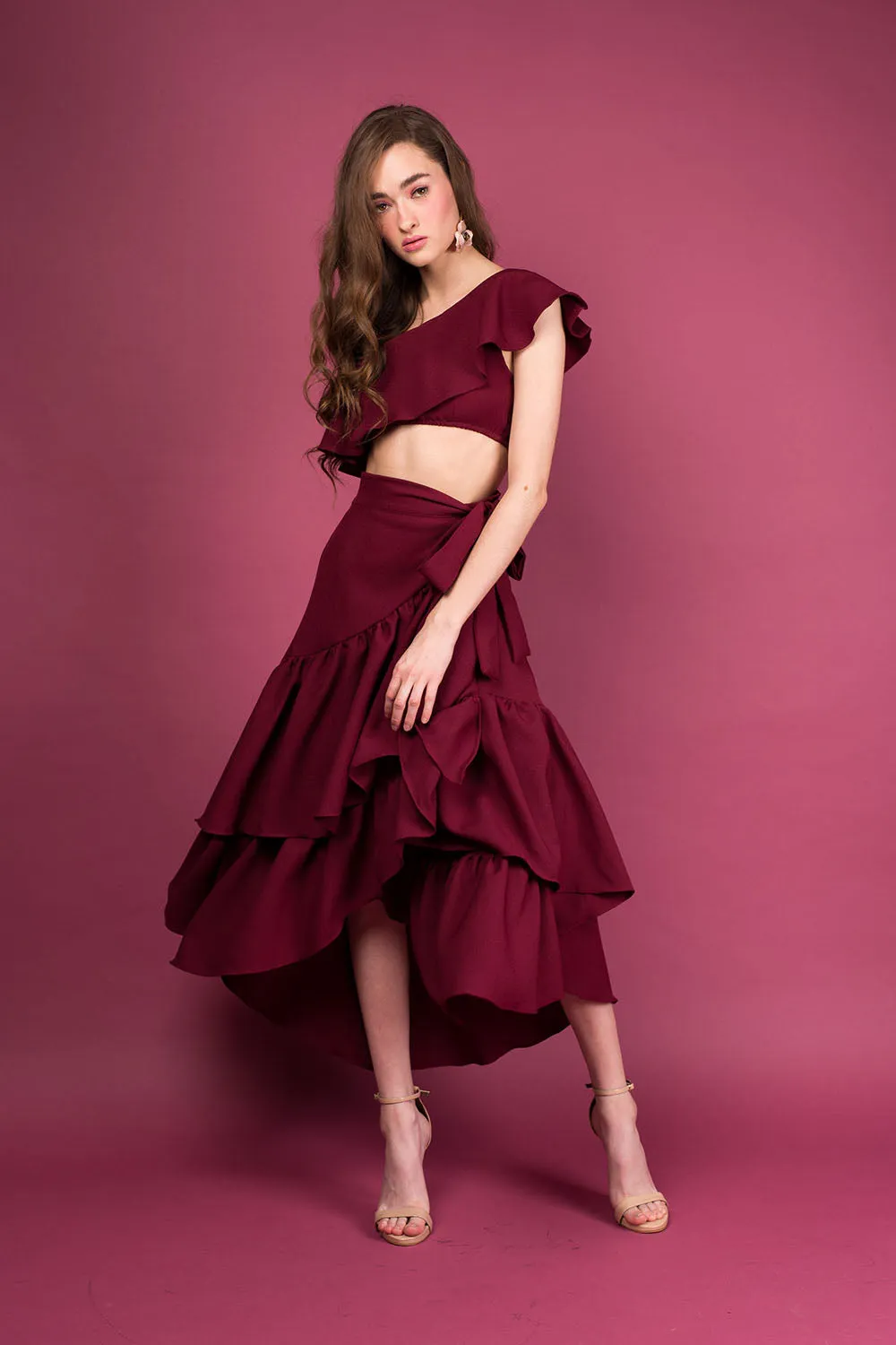 LOLITA SET DRESS: Ruffle Wrap Skirt  Asymmetric Ruffle Crop Top (Plum)