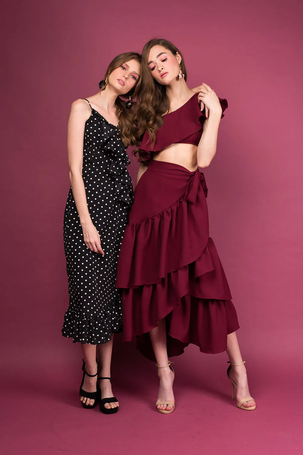 LOLITA SET DRESS: Ruffle Wrap Skirt  Asymmetric Ruffle Crop Top (Plum)