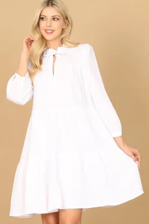 LONG PUFF SLEEVE KEYHOLE TIE TIERED DRESS