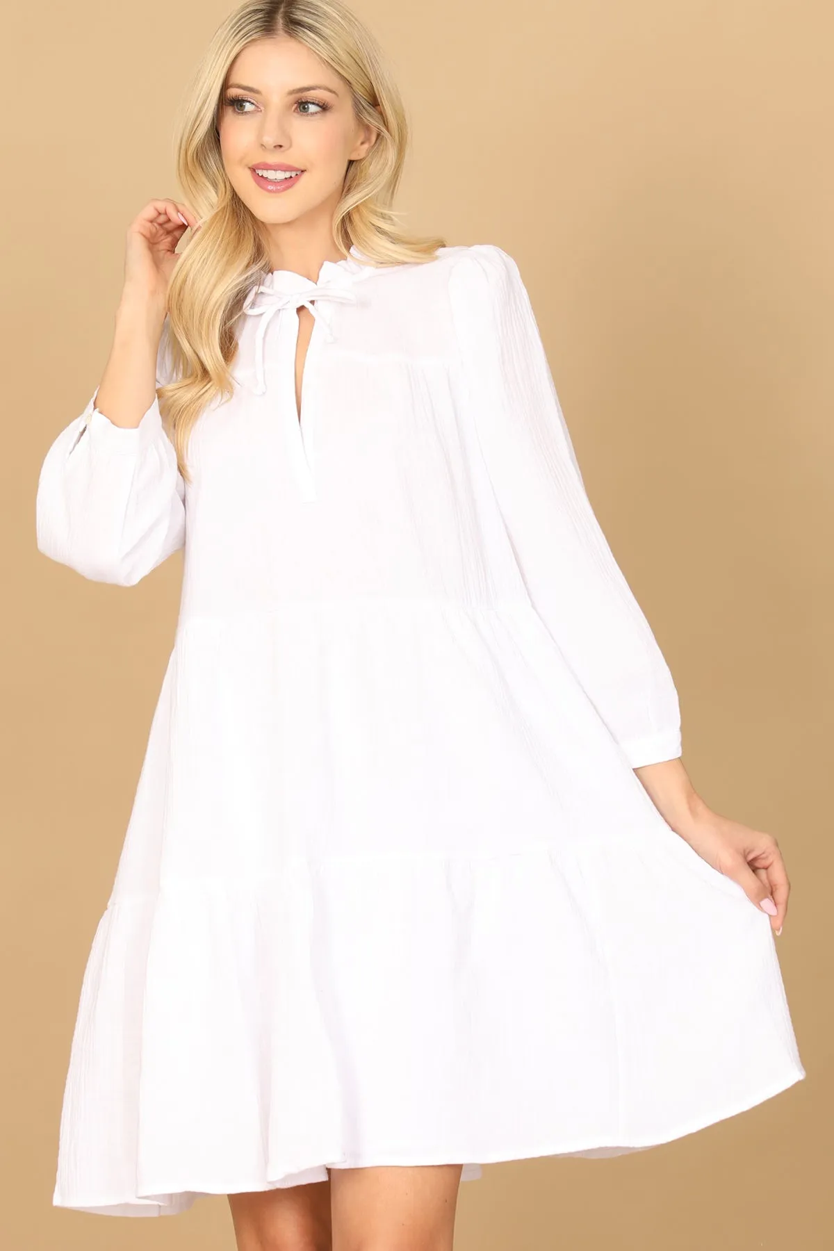 LONG PUFF SLEEVE KEYHOLE TIE TIERED DRESS
