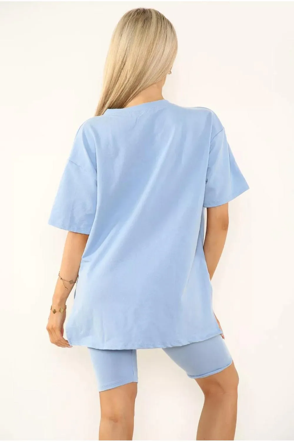 Love Side Slit Cycling Short and T-Shirts Co-Ord Two Piece Set with Front Love Slogan
