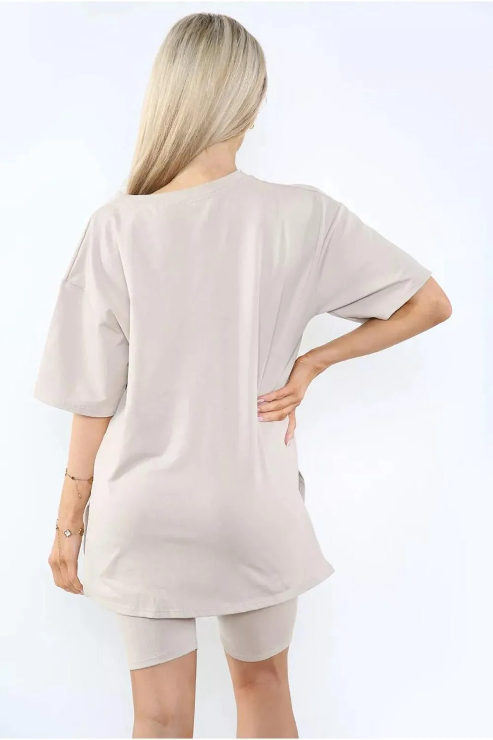 Love Side Slit Cycling Short and T-Shirts Co-Ord Two Piece Set with Front Love Slogan