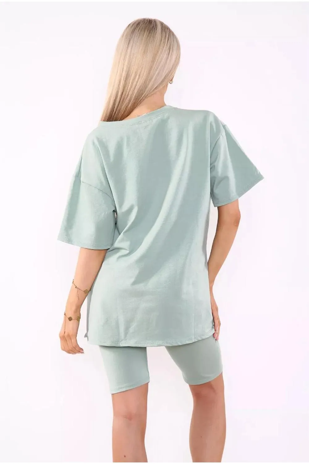 Love Side Slit Cycling Short and T-Shirts Co-Ord Two Piece Set with Front Love Slogan