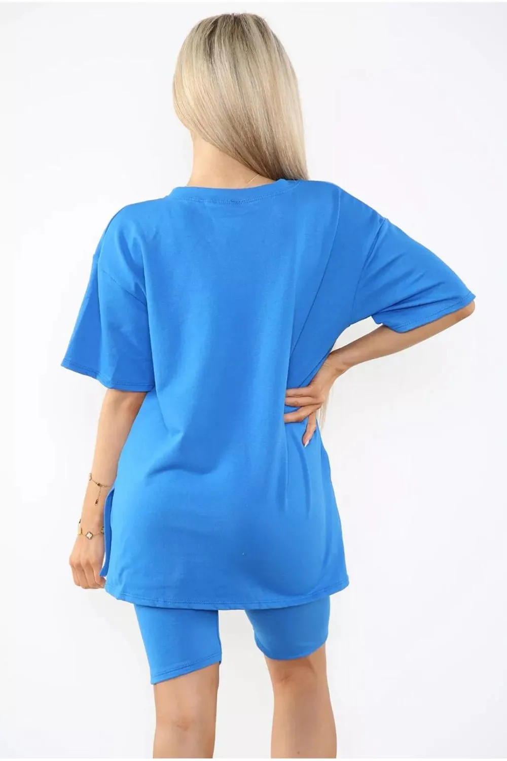 Love Side Slit Cycling Short and T-Shirts Co-Ord Two Piece Set with Front Love Slogan
