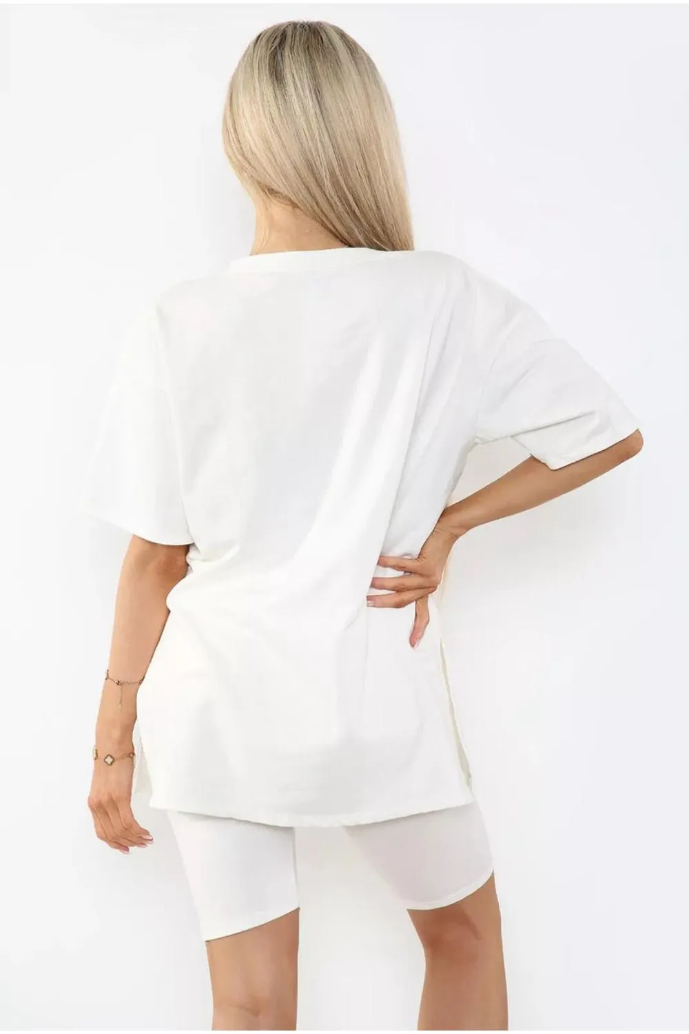 Love Side Slit Cycling Short and T-Shirts Co-Ord Two Piece Set with Front Love Slogan
