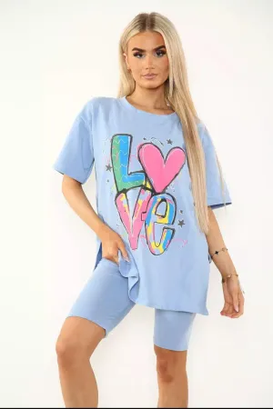 Love Side Slit Cycling Short and T-Shirts Co-Ord Two Piece Set with Front Love Slogan