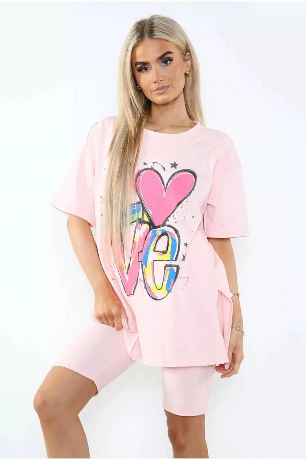 Love Side Slit Cycling Short and T-Shirts Co-Ord Two Piece Set with Front Love Slogan