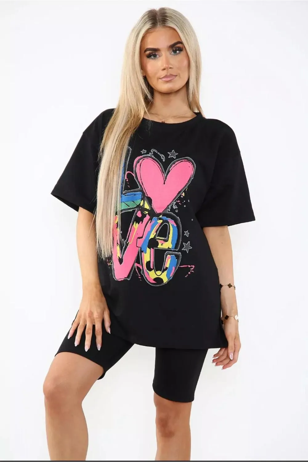 Love Side Slit Cycling Short and T-Shirts Co-Ord Two Piece Set with Front Love Slogan