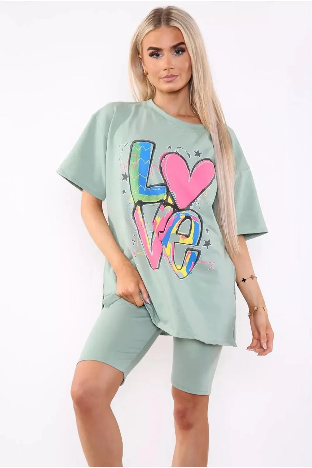 Love Side Slit Cycling Short and T-Shirts Co-Ord Two Piece Set with Front Love Slogan