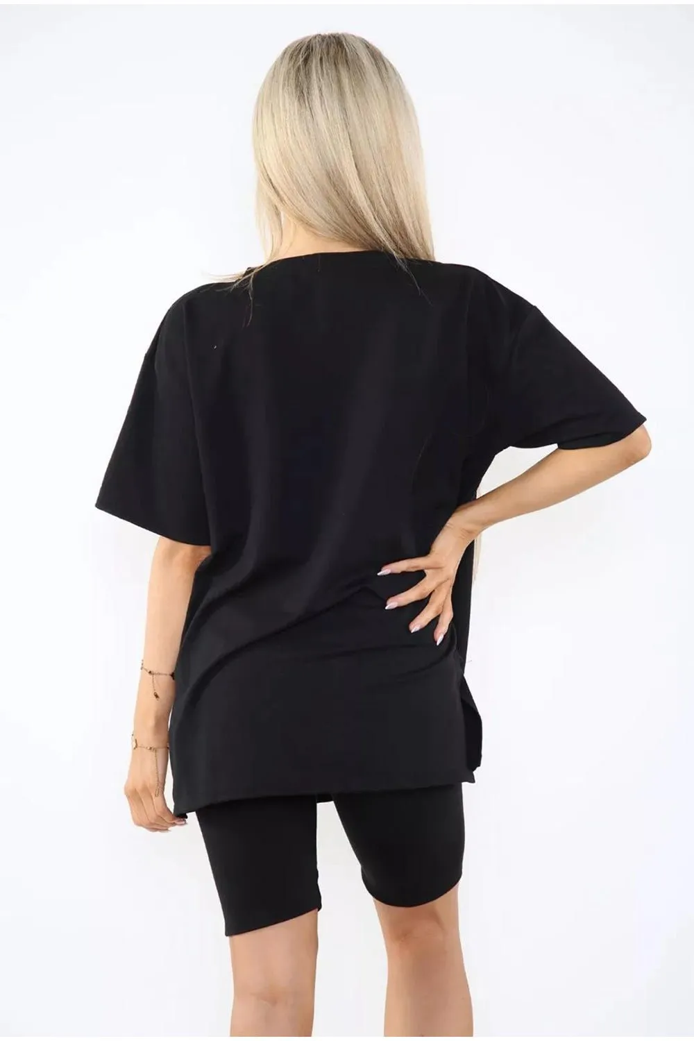 Love Side Slit Cycling Short and T-Shirts Co-Ord Two Piece Set with Front Love Slogan