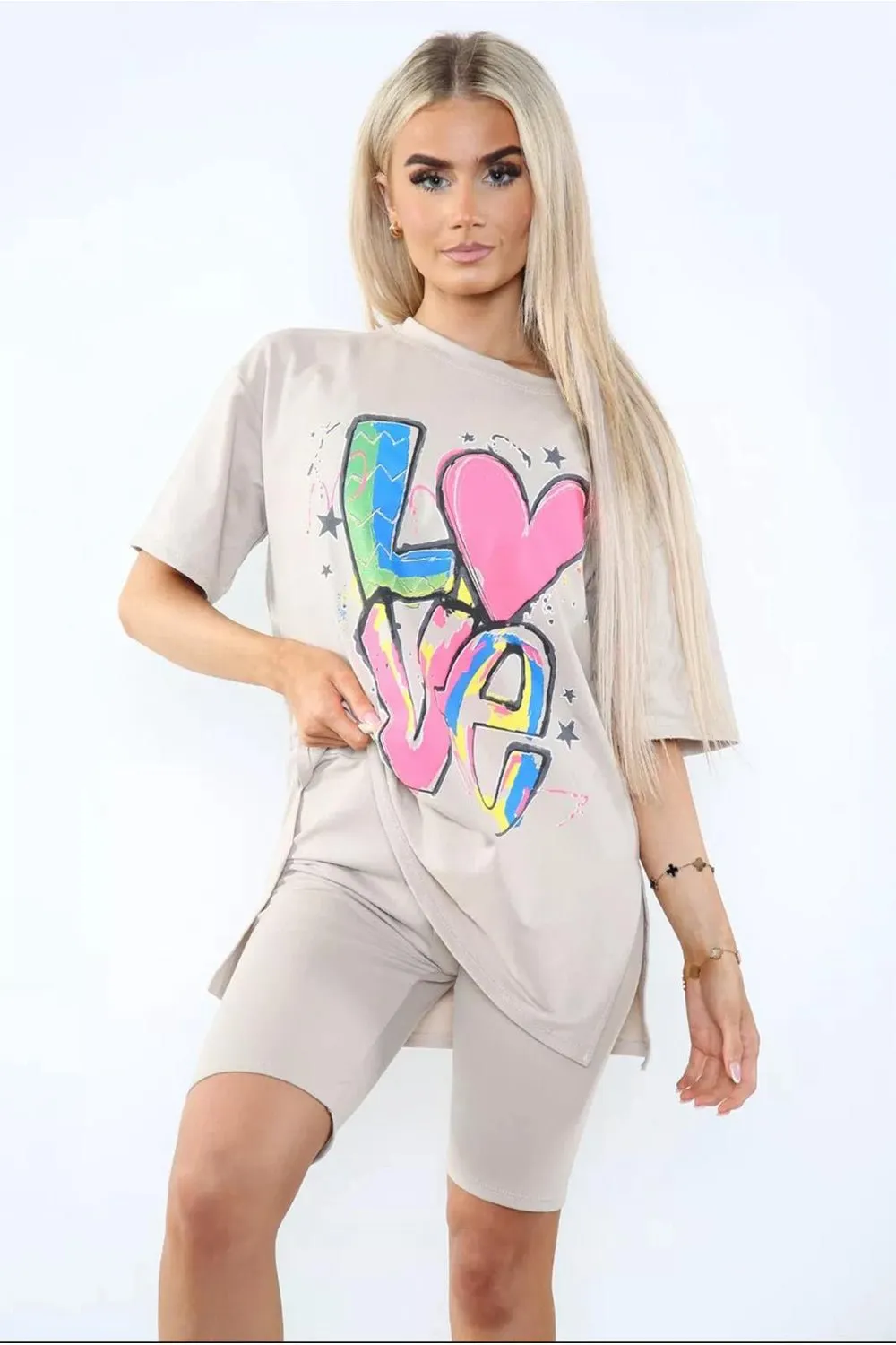 Love Side Slit Cycling Short and T-Shirts Co-Ord Two Piece Set with Front Love Slogan