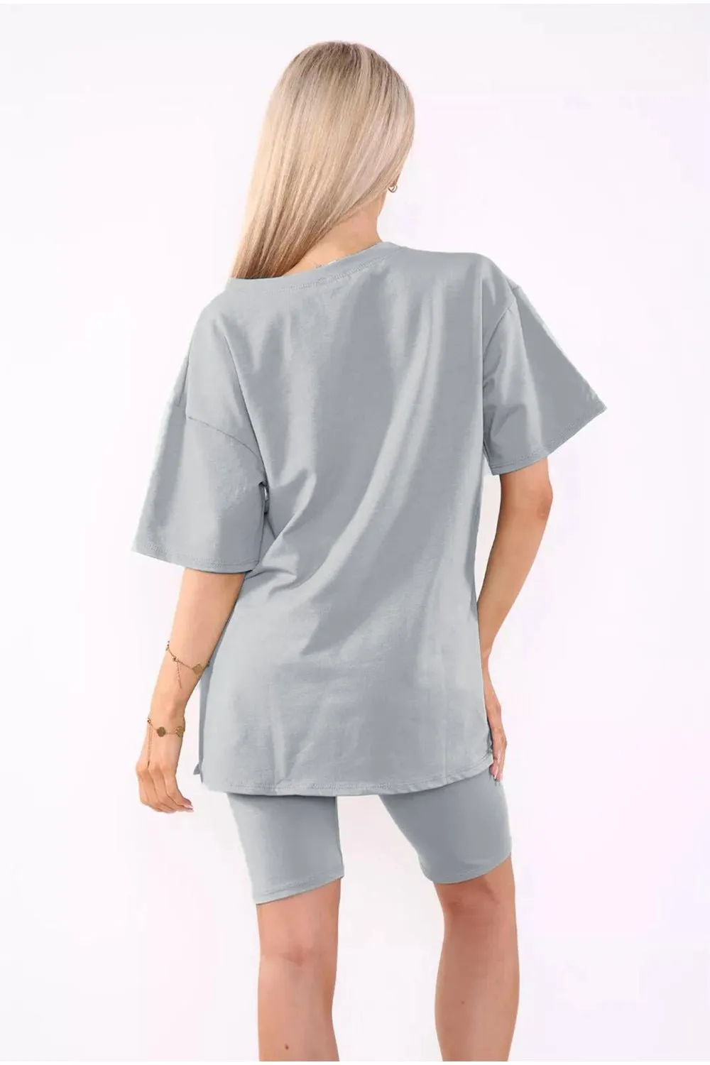 Love Side Slit Cycling Short and T-Shirts Co-Ord Two Piece Set with Front Love Slogan