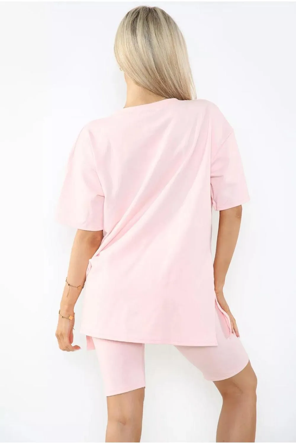 Love Side Slit Cycling Short and T-Shirts Co-Ord Two Piece Set with Front Love Slogan