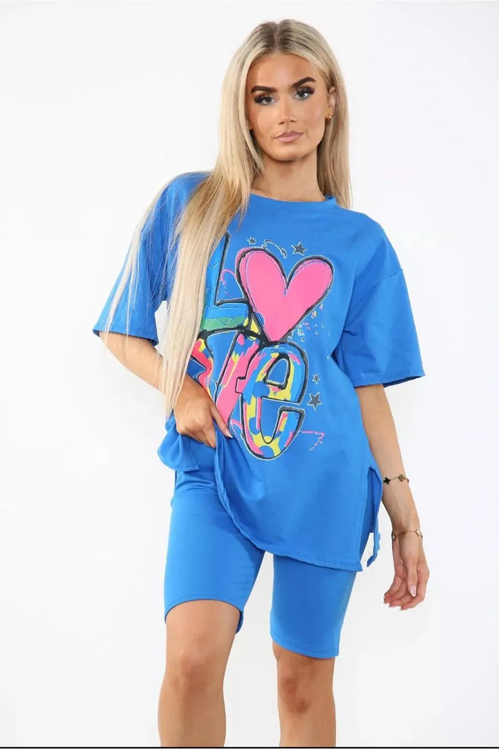 Love Side Slit Cycling Short and T-Shirts Co-Ord Two Piece Set with Front Love Slogan