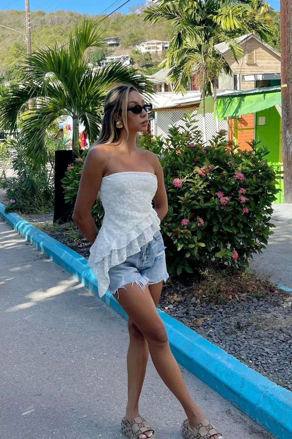 Lucia Ivory Asymmetric Frill Strapless Top