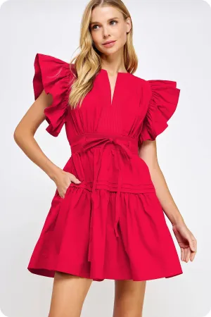 Lucky Me Flutter Sleeve Poplin Mini Red Dress