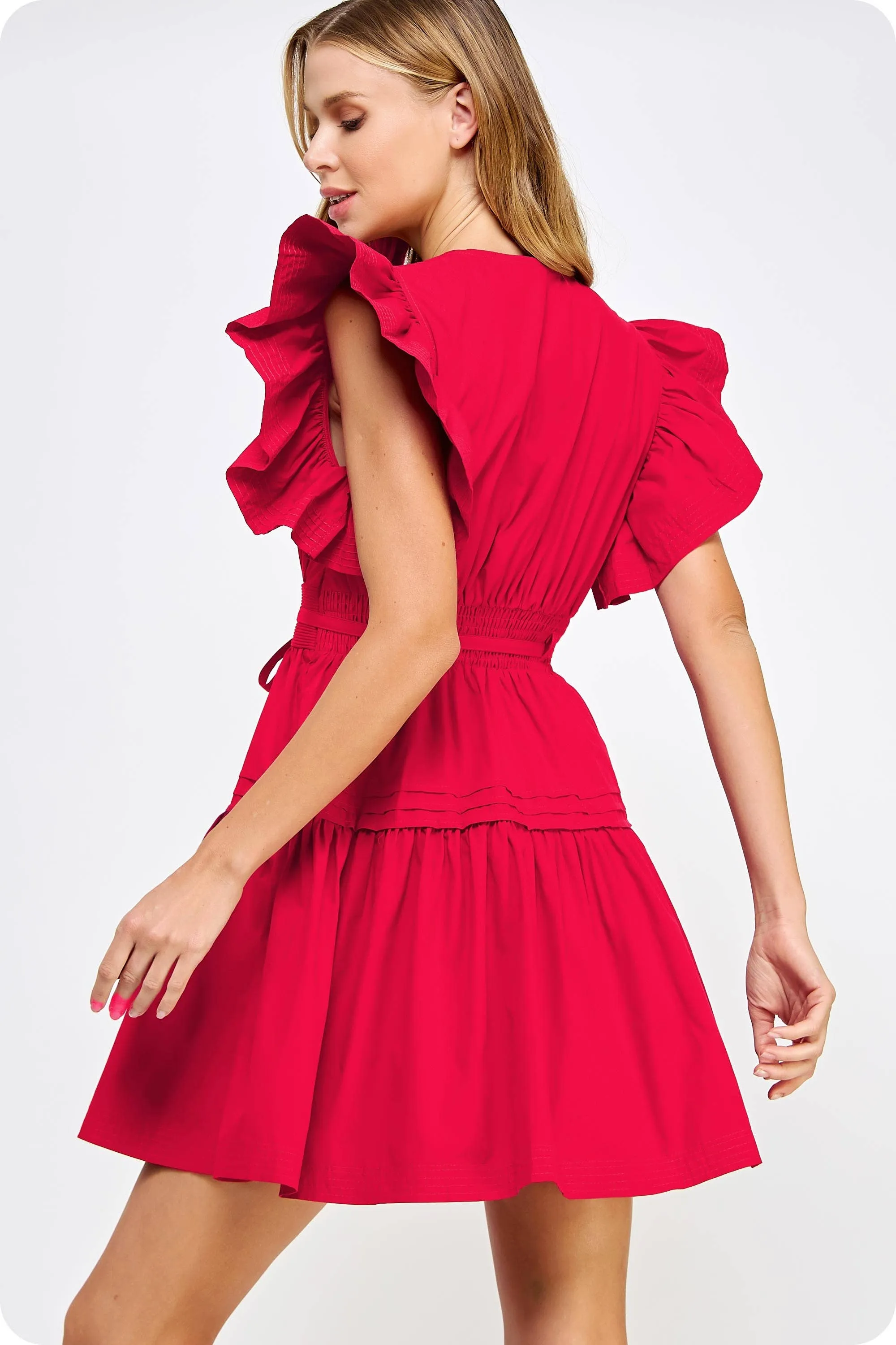 Lucky Me Flutter Sleeve Poplin Mini Red Dress