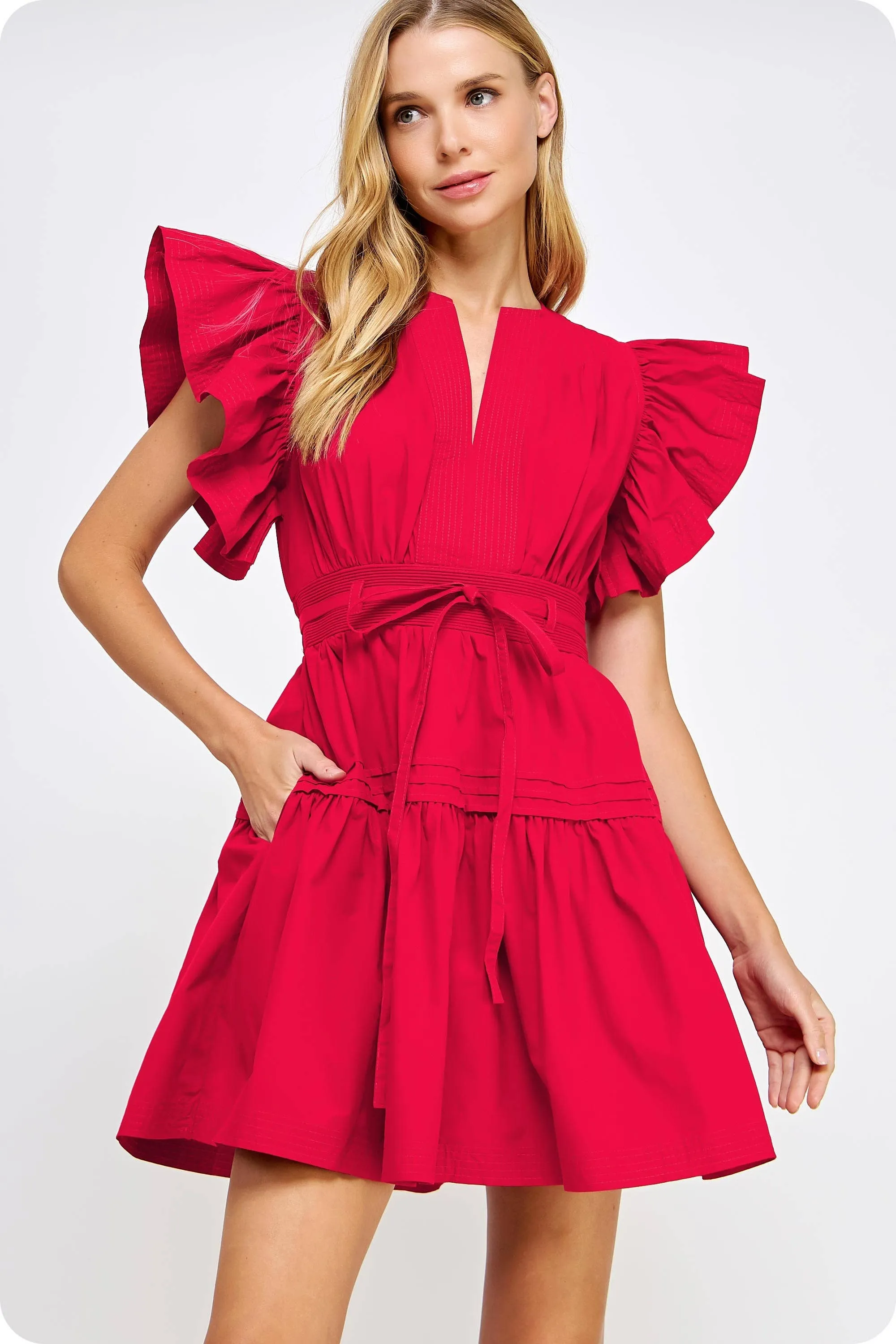 Lucky Me Flutter Sleeve Poplin Mini Red Dress