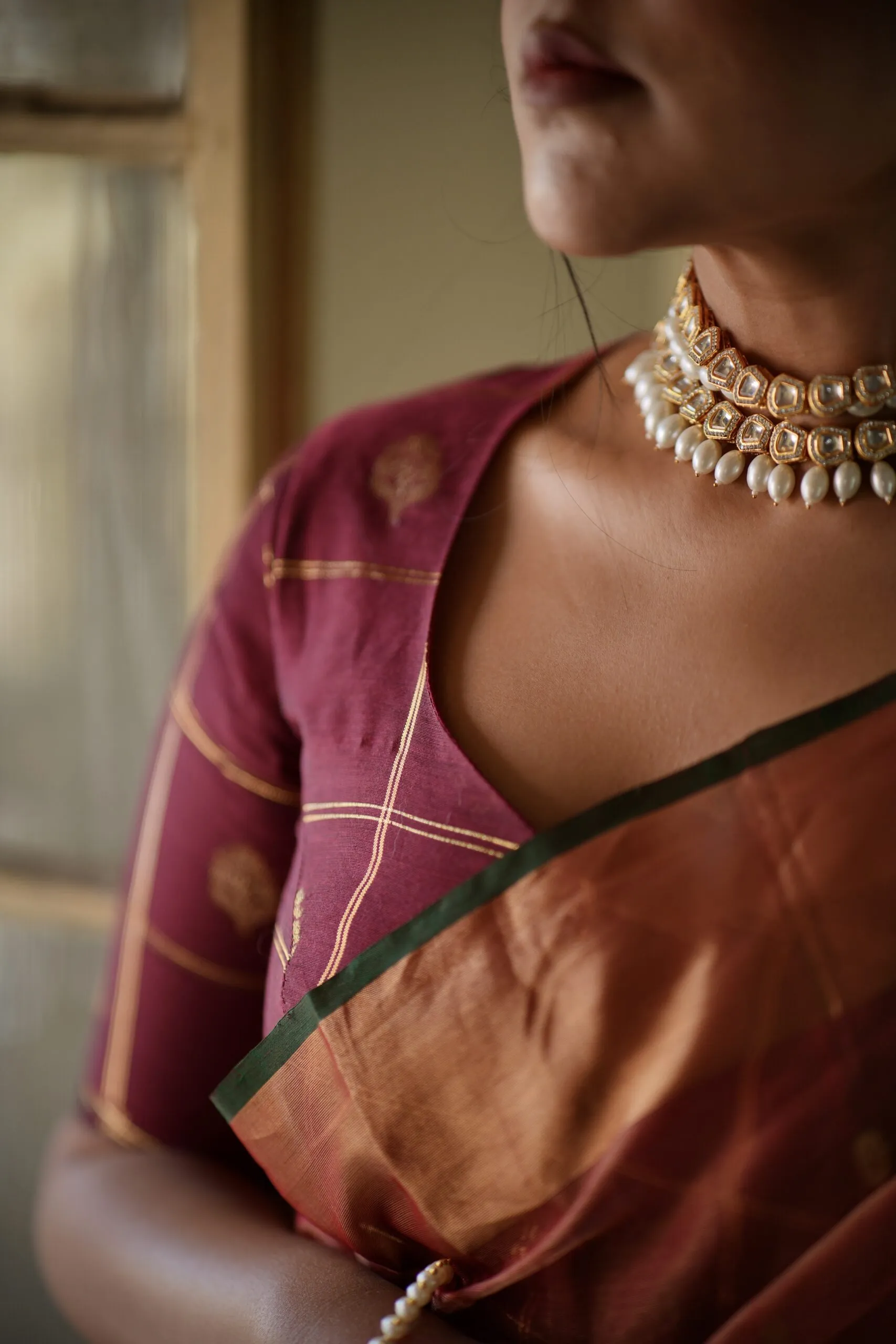 Maroon Chanderi Elbow Sleeve Blouse