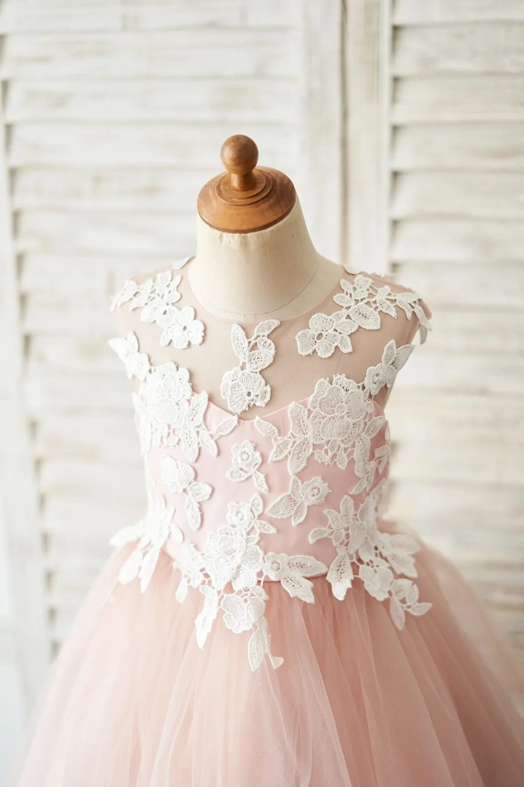 Mauve Tulle Ivory Lace Keyhole Back Wedding Flower Girl Dress Kids Formal Dress